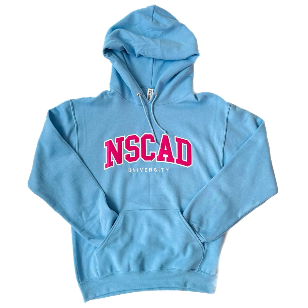 NSCAD Pullover Hoodie - Baby Blue with Pink Twill + Embroidery